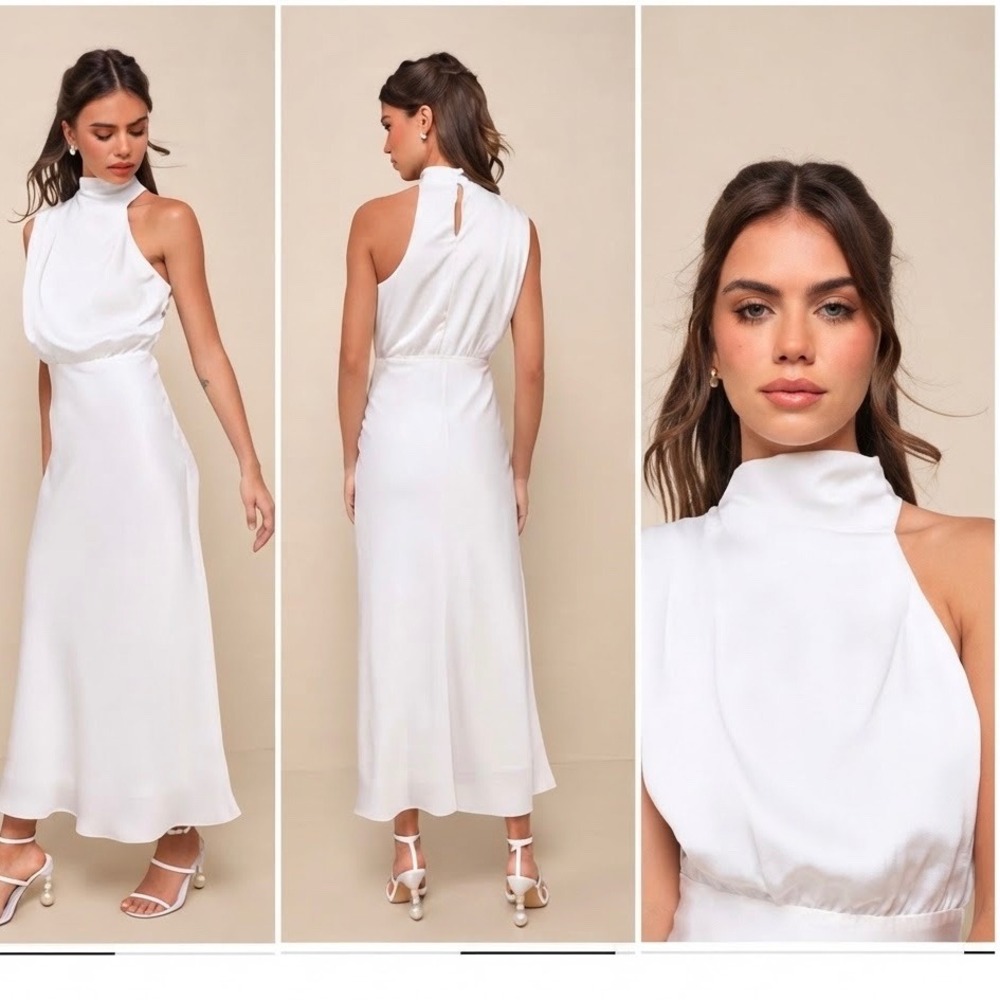 Lulus Distinctive Charm White Satin Asymmetrical Midi Dress High Neck Size M